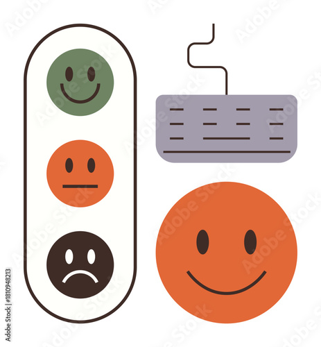 Feedback emoticons for satisfaction, neutral, and dissatisfaction, paired with a keyboard. Ideal for surveys, user experience, customer service, online interactions, satisfaction ratings technology