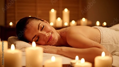 A woman is resting, eyes closed, on a massage table, surrounded by candles, serene and relaxed