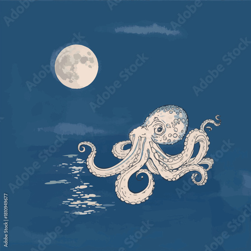 Ink painting of octopus and the moon on dark blue background. Traditional oriental ink painting sumi-e, u-sin, go-hua. Hieroglyphs