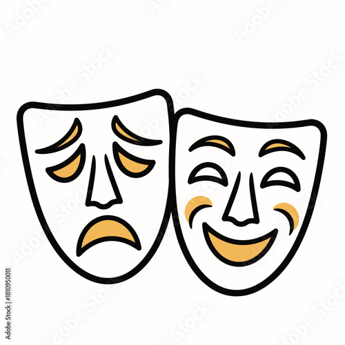 Two theatrical masks, one sad and the other happy, representing comedy and tragedy.
