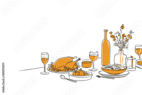 Autumn thanksgiving feast illustration with roasted turkey pumpkins wine and elegant dinner table decor
