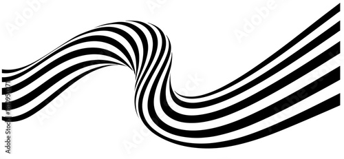 A bold black striped ribbon curves in a flowing sine wave across a white canvas, conveying motion, rhythm, and modern abstraction suitable for design, graphic art