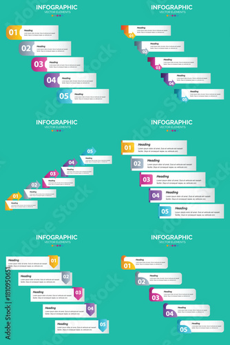Set of six colorful infographic templates with icons charts and text placeholders for business and marketing presentations.