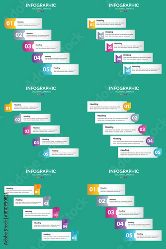 Set of six colorful infographic templates with icons charts and text placeholders for business and marketing presentations.
