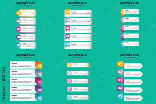 Set of six colorful infographic templates with icons charts and text placeholders for business and marketing presentations.