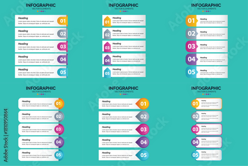 Set of six colorful infographic templates with icons charts and text placeholders for business and marketing presentations.