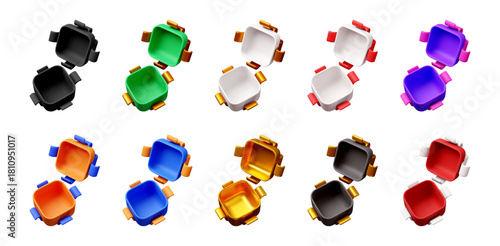 Set of 3D square box icon design in various colors with handle. Shopping basket symbol or container element for web design and packaging mockups. Vector illustration