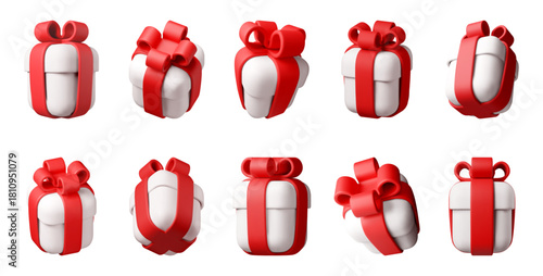 Many 3d render gift box with red ribbon and white package. Festive present for celebration and holiday. Set of ten presents illustration. Vector illustration