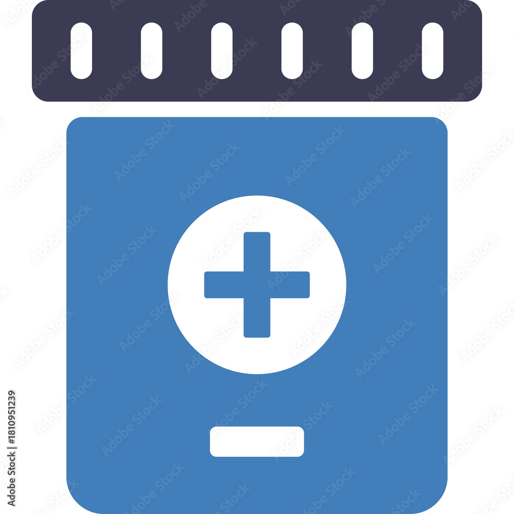 Fototapeta premium Simple blue icon of a medicine bottle with a white cross symbol on a transparent background representing healthcare and pharmaceuticals