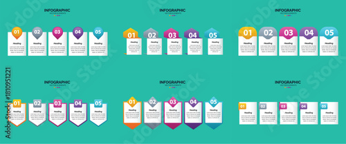 Set of six colorful infographic templates with icons charts and text placeholders for business and marketing presentations.