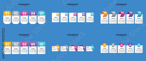 Set of six colorful infographic templates with icons charts and text placeholders for business and marketing presentations.