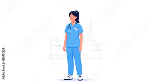 Woman with stethoscope in scrubs medical background cart hospital
