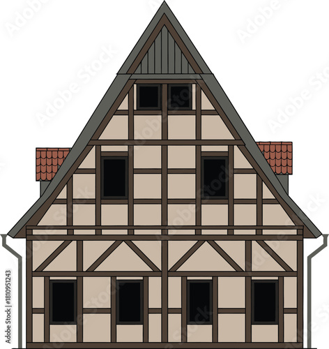 Illustration of a half-timbered house with a gable roof.