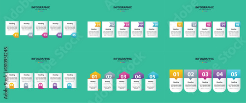 Set of six colorful infographic templates with icons charts and text placeholders for business and marketing presentations.