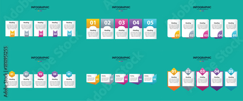 Set of six colorful infographic templates with icons charts and text placeholders for business and marketing presentations.