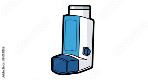 A blue  white inhaler has a button  mouthpiece black outline blue window