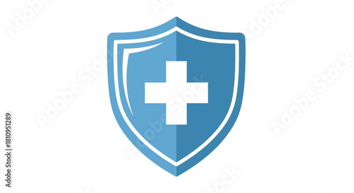 A blue shield with a white cross is centered on a white background It has a shadow detail to the side