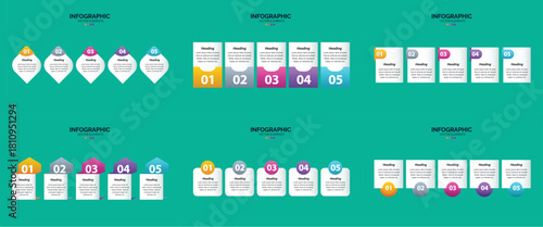 Set of six colorful infographic templates with icons charts and text placeholders for business and marketing presentations.