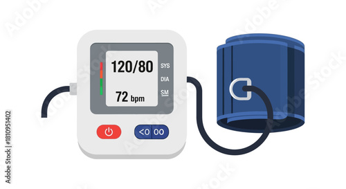 A digital blood pressure monitor displays a reading of 12080 with a heart rate of 72 bpm next to a cuff