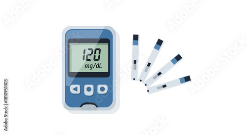 A digital glucometer displays 120 mgdL beside test strips