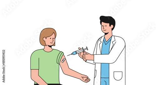 A doctor administers a vaccine with a syringe to a patient with a bandage on their arm