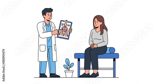 A doctor in a lab coat explaining a lung diagram to a seated patient