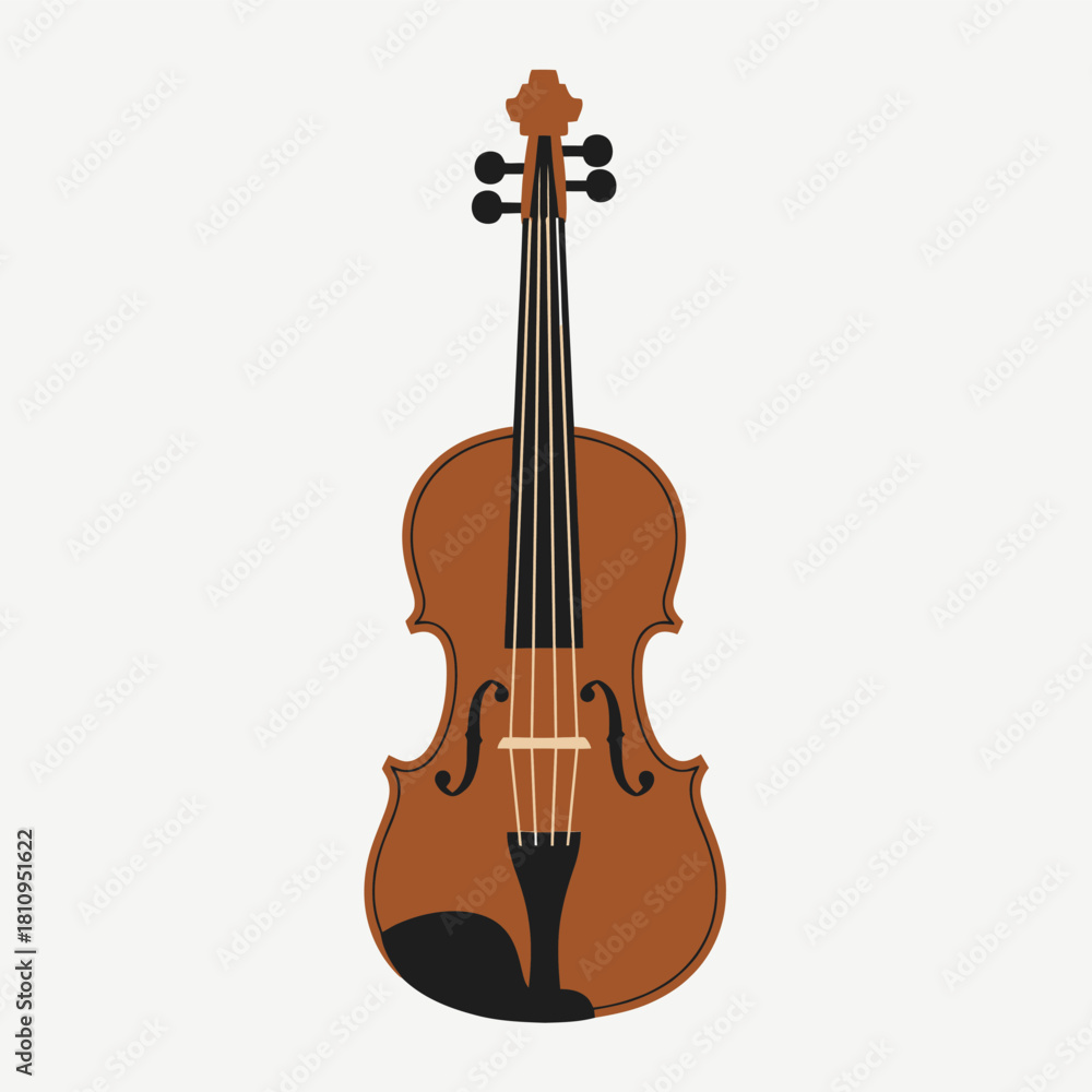 Fototapeta premium A detailed illustration of a classical brown wooden violin with black strings and tuning pegs, set against a plain light background.
