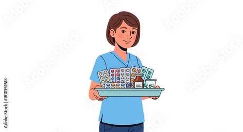 A medical worker carries a tray of medicine