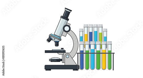 A microscope stands near test tubes with various colorful liquids in a white setting