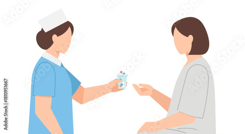 A nurse offers medication to a patient in a clinical setting