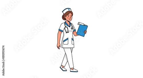 A nurse in uniform walks holding a blue clipboard and wearing a stethoscope