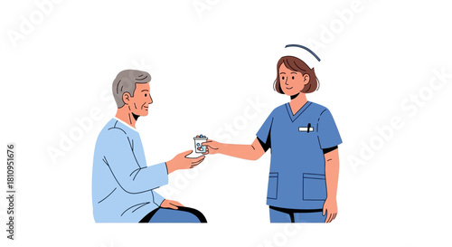 A nurse gives medicine to an elderly man sitting down