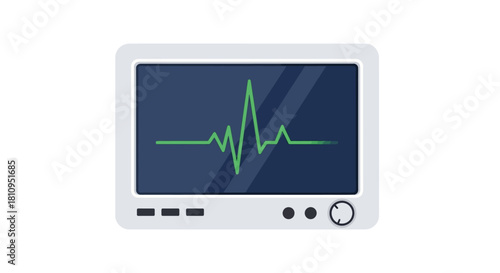 A monitor displays a green heartbeat line against a blue screen