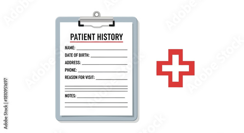 A patient history form on a clipboard next to a red medical cross