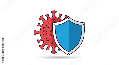 A red virus is partially shielded by a blue heraldic shield