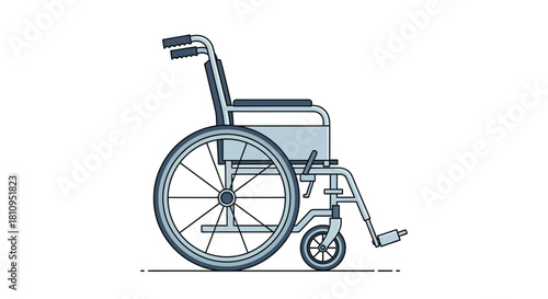 A sideview drawing of a wheelchair The wheelchair is light blue with black outlines and is on a white background