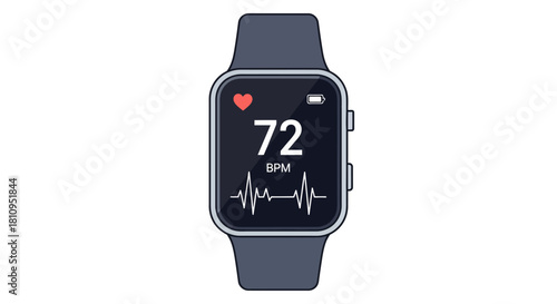 A smart watch displays a heart rate of 72 BPM heart icon battery status and buttons on a white background