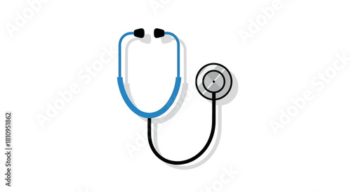 A stethoscope with a blue binaural and a silver chest piece casting a shadow on a white background