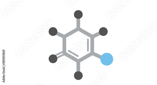 A stylized chemical compound with a hexagonal ring dark gray atoms and one blue atom against a plain white background