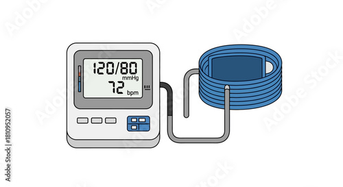 Blood pressure monitor shows 12080 mmHg and 72 bpm attached to a coiled arm cuff