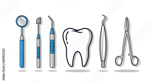 Dental tools mirror brush pick tooth forceps scissors arranged vertically