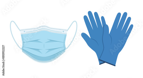 Cartoonstyle surgical mask and blue gloves on a white background