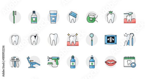 Dental icons depict oral hygiene with teeth tools and care products on light gray circles