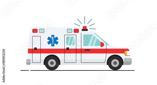 Cartoonstyle illustration of an ambulance with a red stripe and a blue medical symbol