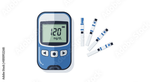 Digital glucometer displays 120 mgdL next to strips used for measuring blood sugar