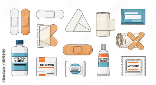 First aid kit illustration bandages antiseptic hydrogen peroxide