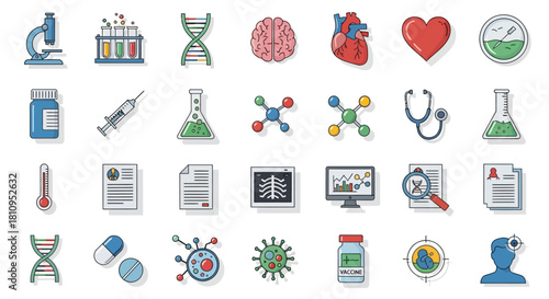Medical icons depict healthcare research and diagnostics