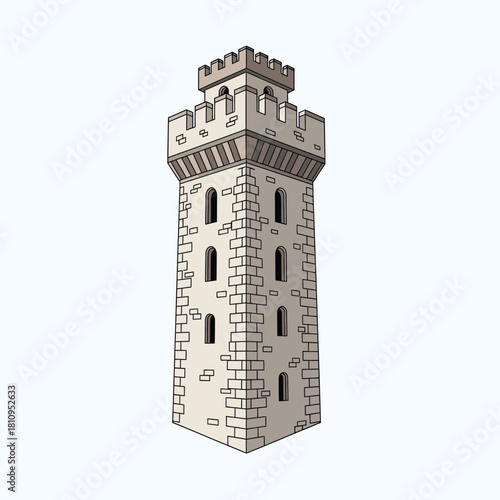 Illustration of a stone castle tower with crenellations and arched windows.