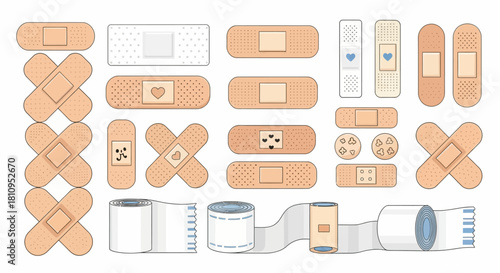 Medical bandage collection with varied shapes patterns and roll types