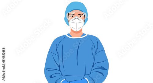 Person in scrubs mask cap and goggles